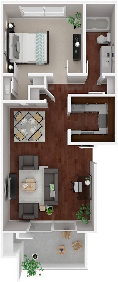 Floor plan for 1 bed, 1 bath, 748 sqft